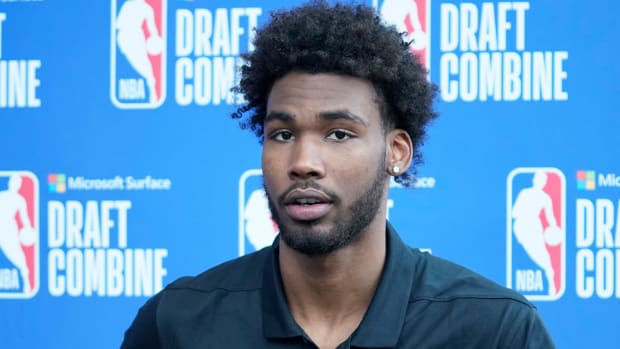 Tari Eason talks to the media during the 2022 NBA Draft Combine at Wintrust Arena.